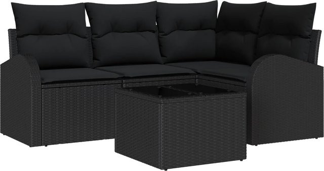vidaXL Garten-Sofa-Set aus Poly Rattan in Schwarz mit Kissen, 5-teiliges L-Shape Lounge-Set - Bild 1