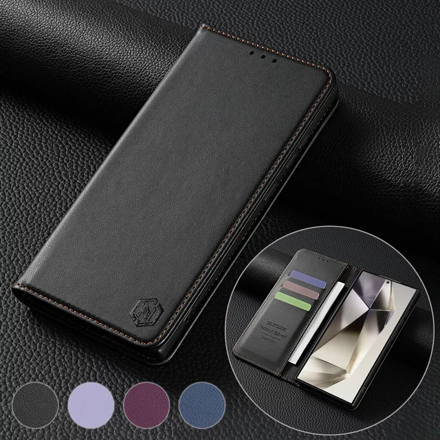 Leder-Brieftasche mit starken Magneten und Kartenfach für Samsung Galaxy S25 Ultra S24 Plus S23 S22 S21 S20 FE A15 A16 A36 A55 A56 in Schwarz oder Lila - Bild 1