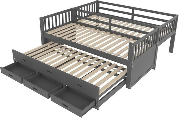 KOMHTOM Kinder-Etagenbett Hausbett aus Kiefernholz und MDF mit Leiter, ausziehbar und 3 Schubladen, Farbe: Grau, B/T/H: 90 x 200 x 160 cm