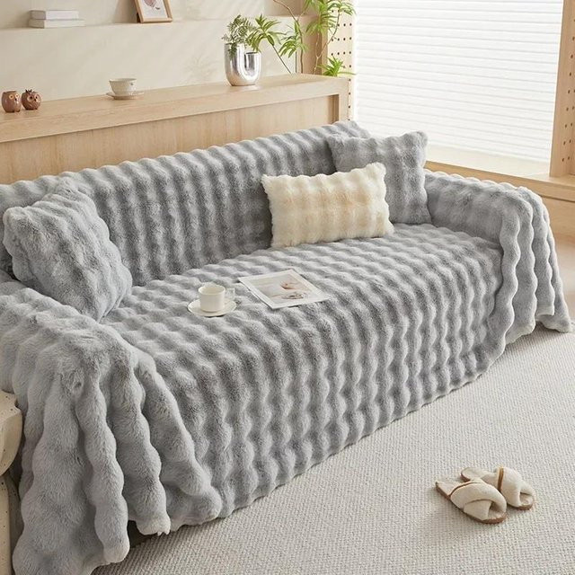 Rutschfester Plüsch-Sofabezug aus Kaninchenimitat in Grau, weiches Sofa-Handtuch für das Wohnzimmer, B/B: 90 x 90 cm - Bild 1