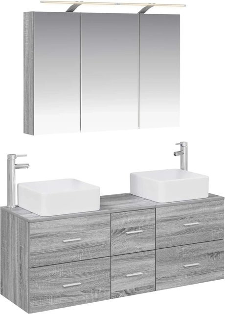 vidaXL Badezimmermöbel-Set 4-teilig in Grau Sonoma, modern mit Spiegelschrank, Wandschrank und Waschtischunterschrank aus Holz und Glas mit LED-Beleuchtung - Bild 1
