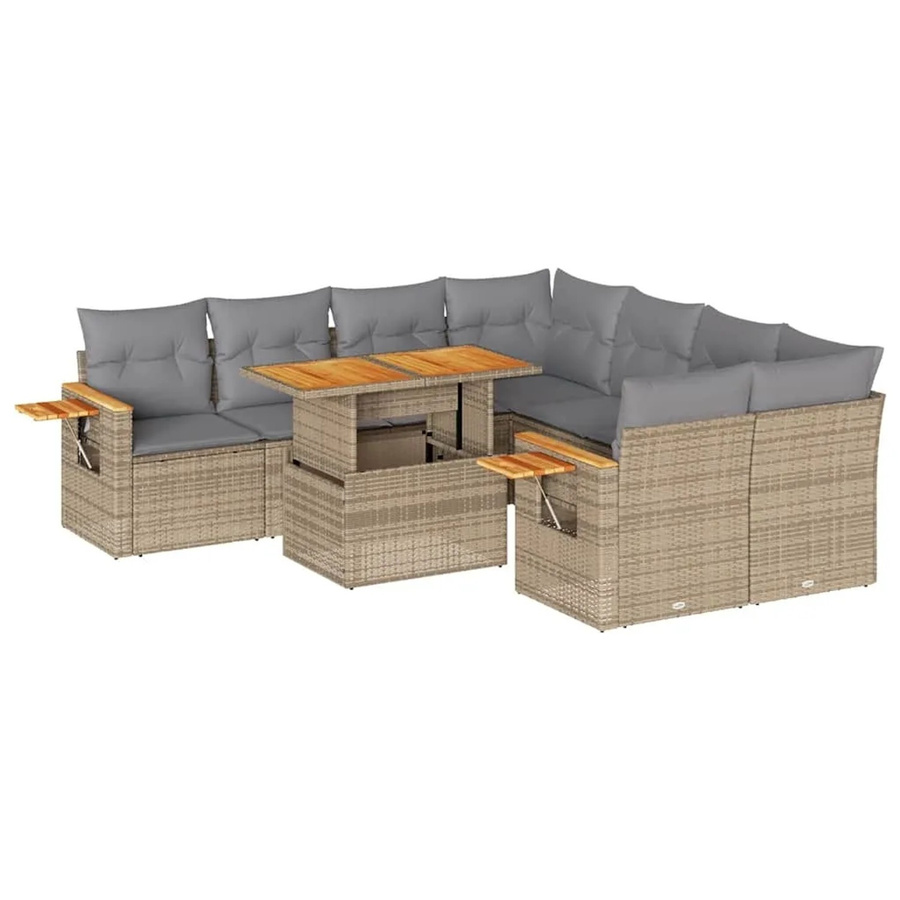 vidaXL 9-tlg. Garten-Sofagarnitur in L-Form aus Poly-Rattan und Akazienholz mit Kissen in Beige-Grau - Bild 2