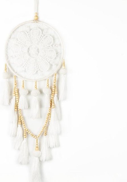 Handgewebter Makramee Eulen-Wandteppich von SEEQS in Weiß mit Mandala- und Traumfänger-Design im Boho-Stil - Bild 1