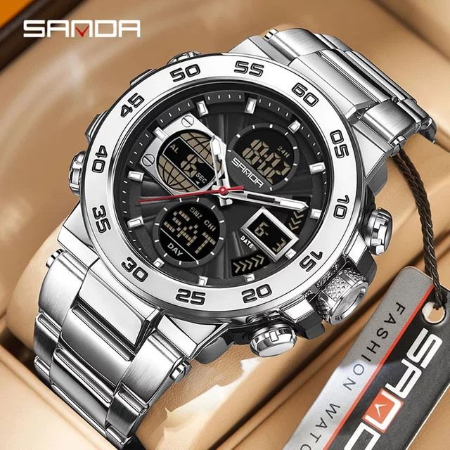 SANDA Armbanduhr Edelstahl, Quarz, Analog-Digital, 5 ATM, Herren, Schwarz - Bild 1