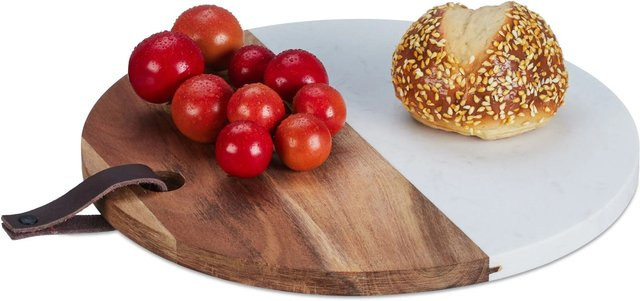 Relaxdays Schneidebrett aus Holz und Marmor in Natur Weiß mit Schlaufe, Durchmesser: 25 cm - Bild 1