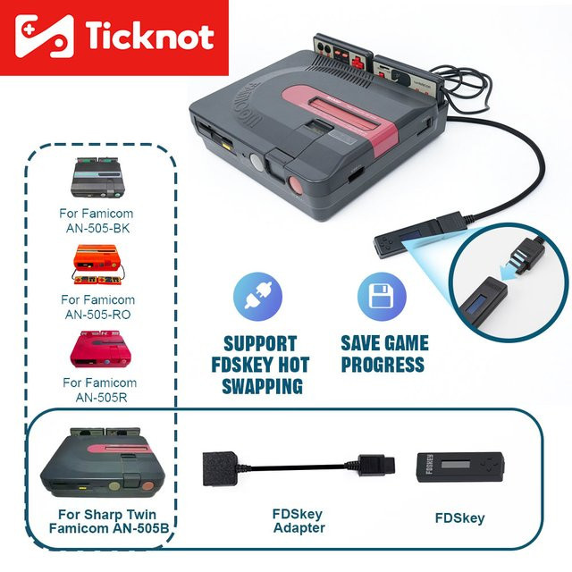 TicKnot FDSKey Famicom Disk Adapter für Sharp Twin Famicom Disk System und Nintendo AV Famicom Konsole, Schwarz - Bild 1