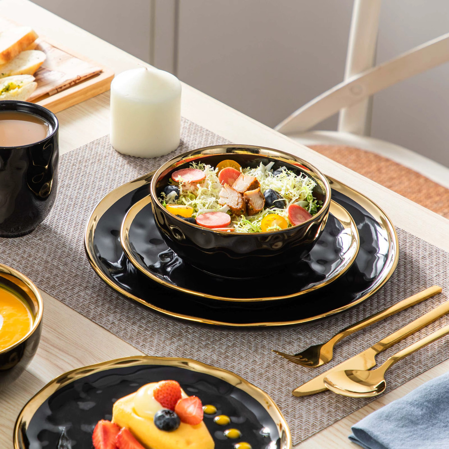 LOVECASA Geschirrset aus schwarzem Porzellan mit Goldverkleidung, Keramik-Set bestehend aus Tellern, Desserttellern, Tassen und Schüsseln - Bild 4