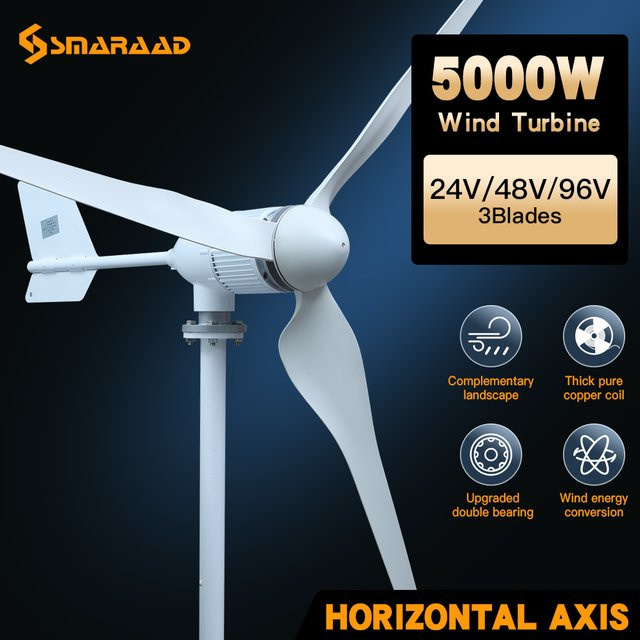 SMARAAD Horizontalachsen-Windturbine Windgenerator 5KW 2KW in Weiß für den Heimgebrauch (12V 24V 48V 96V) - Bild 1