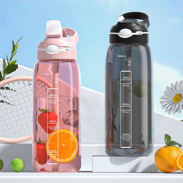 AIWILL Trinkflasche aus Tritan mit Stroh, BPA-frei, 1 l, Pink/Transparent - Bild 1