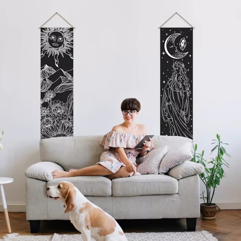 VIKAMA Doppelter Wandteppich im Boho-Stil mit Sonne, Mond und Sternen in Schwarz, B/H: 130 x 33 cm - Bild 3