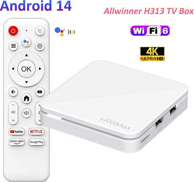 H96 MAX H313 Smart TV-Box mit Android 14, 4K UHD Media Streamer, 2GB RAM, 16GB Speicher, Wifi6 und Bluetooth 5.0 in Weiß - Bild 1