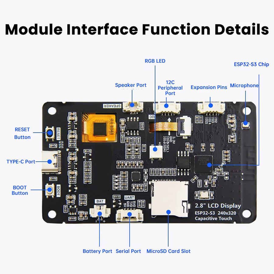 Diymore ESP32-S3 Entwicklungsboard mit 2,8 Zoll TFT-Touchscreen, Wifi und Bluetooth, USB-C, Schwarz - Bild 3