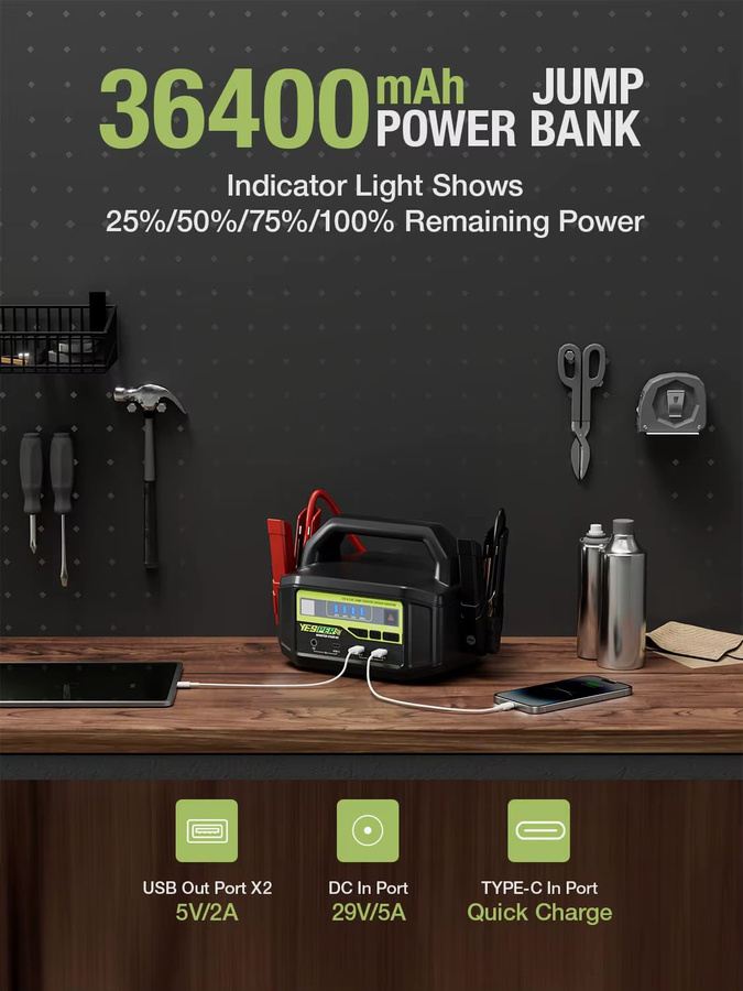 YESPER Starthilfegerät 12V/24V mit 6000A und 36400mAh Powerstation, Schwarz, für Benzin- und Dieselmotoren von Autos bis Booten, inklusive 3-Modus-LED - Bild 3