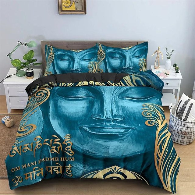 Buddha Bettwäsche Kollektion mit floralem Design, Lachender Buddha Motiv, 2-teiliges Set aus 1 Bettbezug und 2 Kissenbezügen, B/H: 135 x 200 cm - Bild 1