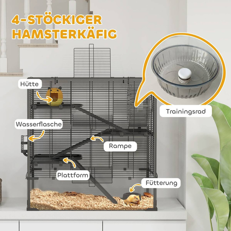 PawHut Hamsterkäfig für Zwerghamster in Schwarz mit Glasboden, Hütte, Laufrad und Rampen, B/T/H: 78,5 x 48,5 x 80 cm - Bild 3
