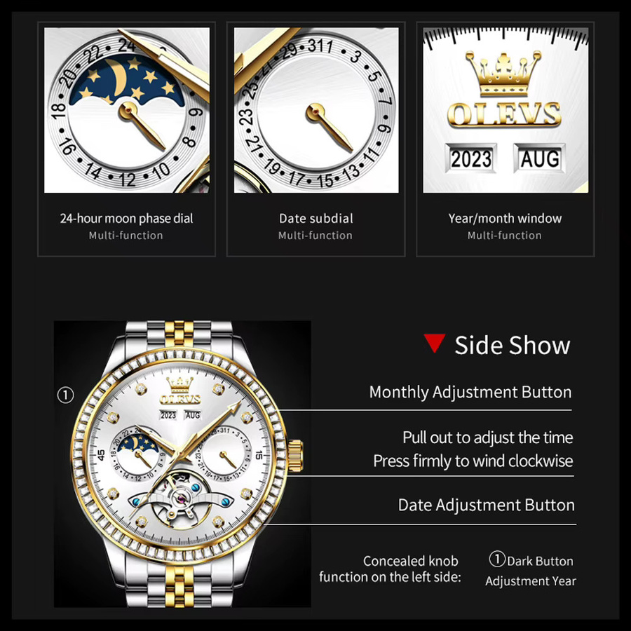OLEVS Armbanduhr Automatik, Edelstahl, Bicolor, Diamant, Herren - Bild 5