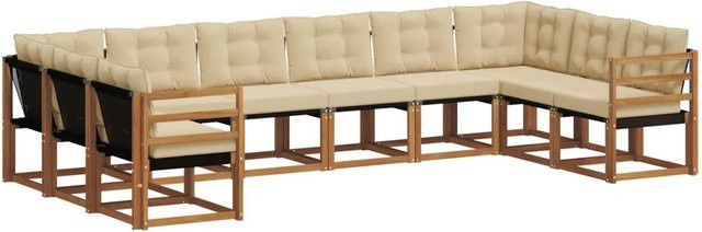 vidaXL 10-teilige Outdoor-Sofagarnitur in L-Form aus Akazienholz mit Textilene-Bezug und Kissen in Natur-Beige - Bild 1