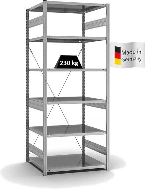 PROREGAL Fachbodenregal Stecksystem T-Profil Medium-Duty Grundregal, verzinkt, H x B x T: 250 x 100 x 80 cm, 6 Ebenen, Fachlast 230 kg - Bild 1