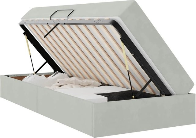 vidaXL Aufbewahrungsbett mit Matratze in Hellgrau aus Samt und Metall, B/T/H: 90 x 200 x 43,5 cm - Bild 1