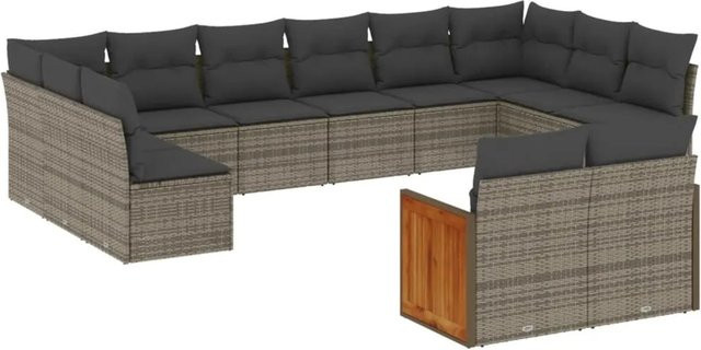 vidaXL 12-tlg. Garten-Sofagarnitur in L-Form aus Polyrattan und Akazienholz in Grau mit Kissen und Stauraum - Bild 1