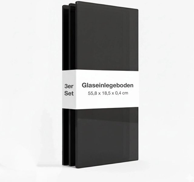 K-Möbel Glasboden-Erweiterungsset für Hängevitrine aus ESG-Glas in Schwarz, 3er Set, B: 55,8 cm, T: 18,6 cm, inkl. Bodenträger - Bild 1