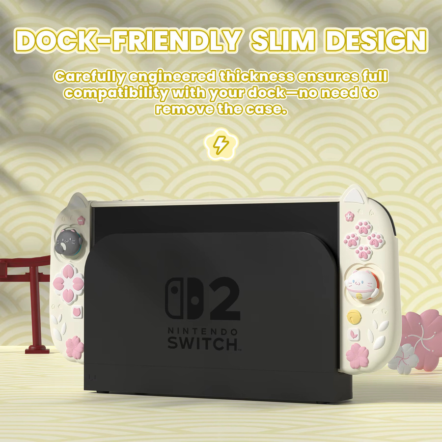 PlayVital Cherry Blossom Kitten Dockbare Hülle für Nintendo Switch 2 in Pink mit Silikongriff und PC-Schale sowie Cat Ear Paw Joycon Cover - Bild 2