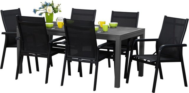 Kettler Basic Plus Garten-Essgruppe aus Aluminium und Textilene in Anthrazit mit 6 Stapelsesseln und ausziehbarer Tischplatte - Bild 1