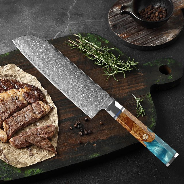 XITUO Santoku-Messer aus Damaszener Stahl mit Holzgriff, 17,78 cm, Mehrfarbig - Bild 1