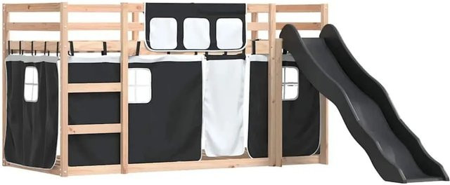 vidaXL Etagenbett aus Massivholz mit Rutsche und Vorhängen in Weiß, Schwarz und Anthrazit B/T/H: 80 x 200 x 113 cm - Bild 1