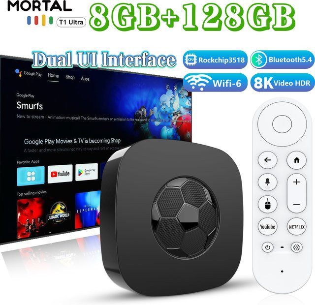 MORTAL T1 Ultra Android 16 TV-Box mit 8GB RAM und 128GB Speicher, 4K UHD Media Player, WiFi6, Bluetooth 5.4 und Sprachfernbedienung, Schwarz - Bild 1