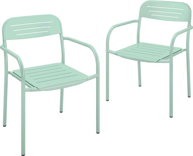 Outsunny 2er Set Gartenstühle aus Metall mit Armlehnen und Lamelldesign, stapelbare wetterfeste Terrassenstühle in Grün, B/T/H: 56 x 58 x 78 cm - Bild 1