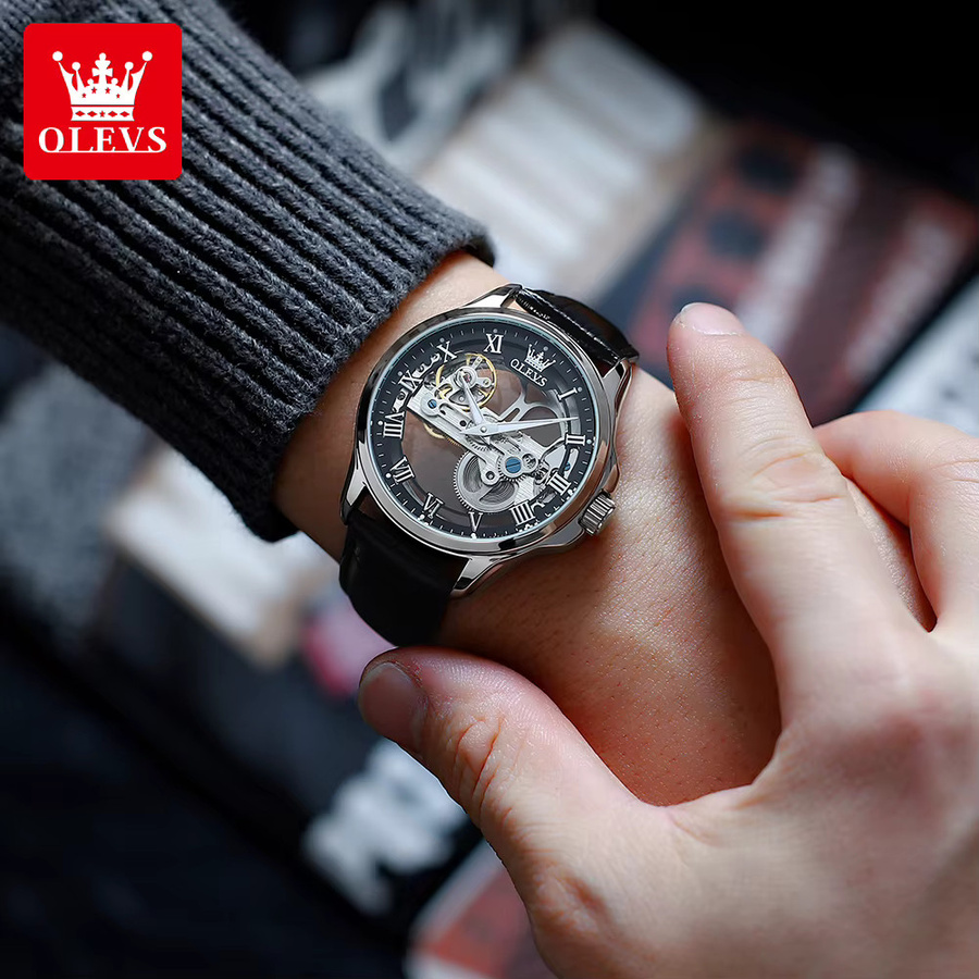 OLEVS Armbanduhr, Handaufzug, Leder, Schwarz, Bicolor, Herren - Bild 5