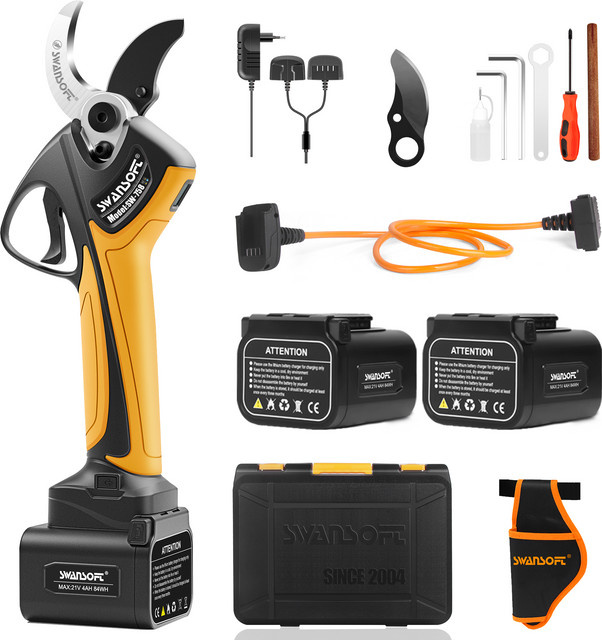 SWANSOFT Elektrische Gartenschere Schwarz mit 1050W Motor, 21V Akku-Gartenschere inklusive 2x 4Ah Akkus für professionelles progressives Schneiden bis 40 mm - Bild 1