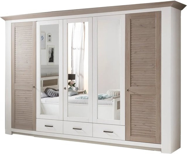 5-türiger Kleiderschrank Mantua aus Pinie in Weiß mit integrierten Schubladen und Spiegel - Bild 1