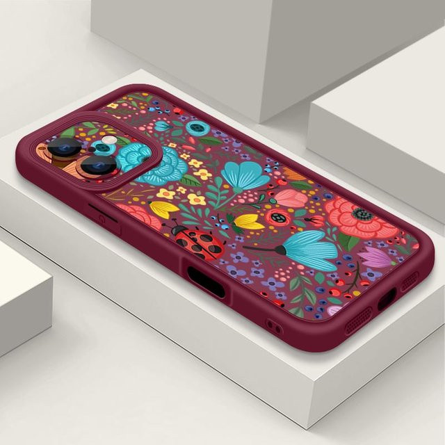 Stoßfeste Silikon Handyhülle mit buntem Blumen- und Marienkäfermuster von Happyday für iPhone 16 15 14 13 12 Pro Max Plus und iPhone 8 7 SE, Farbe: Weinrot/Mehrfarbig - Bild 1