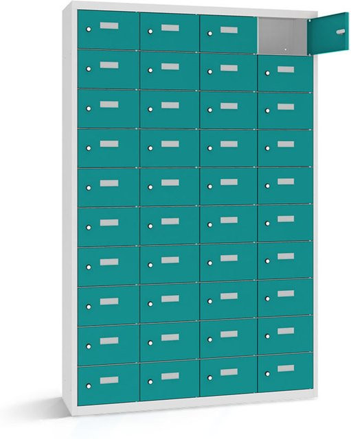 rotstahl Wertfachschrank mit 40 Fächern in Türkis und lichtgrauem Korpus, B/T/H: 115 x 50 x 180 cm - Bild 1
