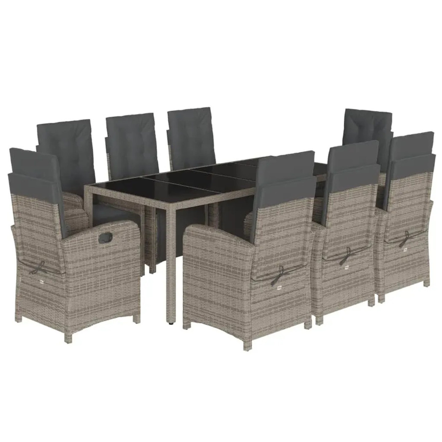 vidaXL 9-teilige Garten-Essgruppe aus grauem Poly-Rattan mit Kissen und Hartglas-Tischplatte - Bild 2