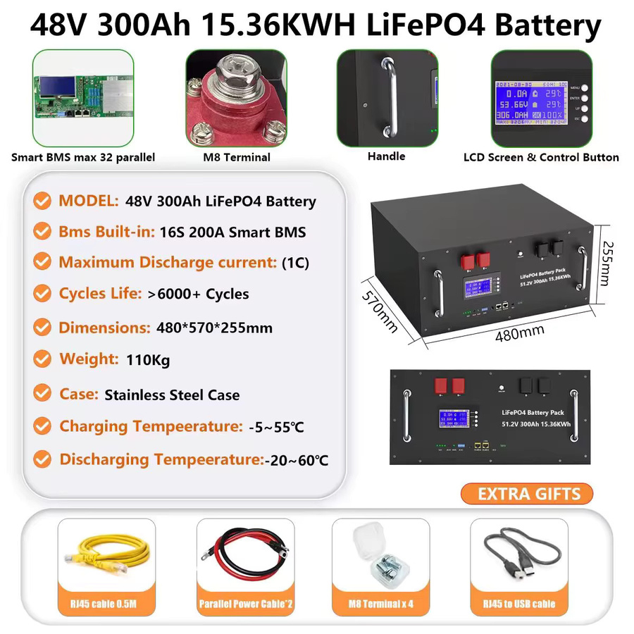 CERRNSS LiFePO4 Lithium-Batterie für Heimsolaranlagen und Heimenergiespeicher, 48V 300Ah 15kWh, Schwarz - Bild 2