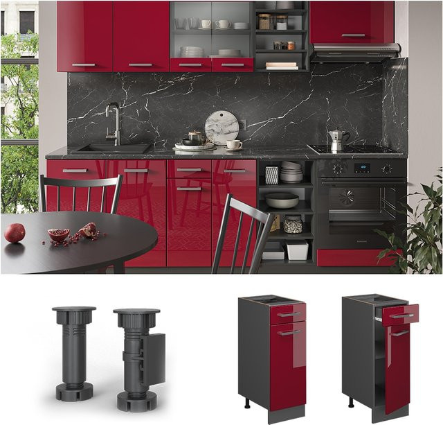 Vicco Küchenunterschrank R-Line mit Schublade und Tür in Anthrazit und Bordeaux Hochglanz, Breite: 30 cm - Bild 1