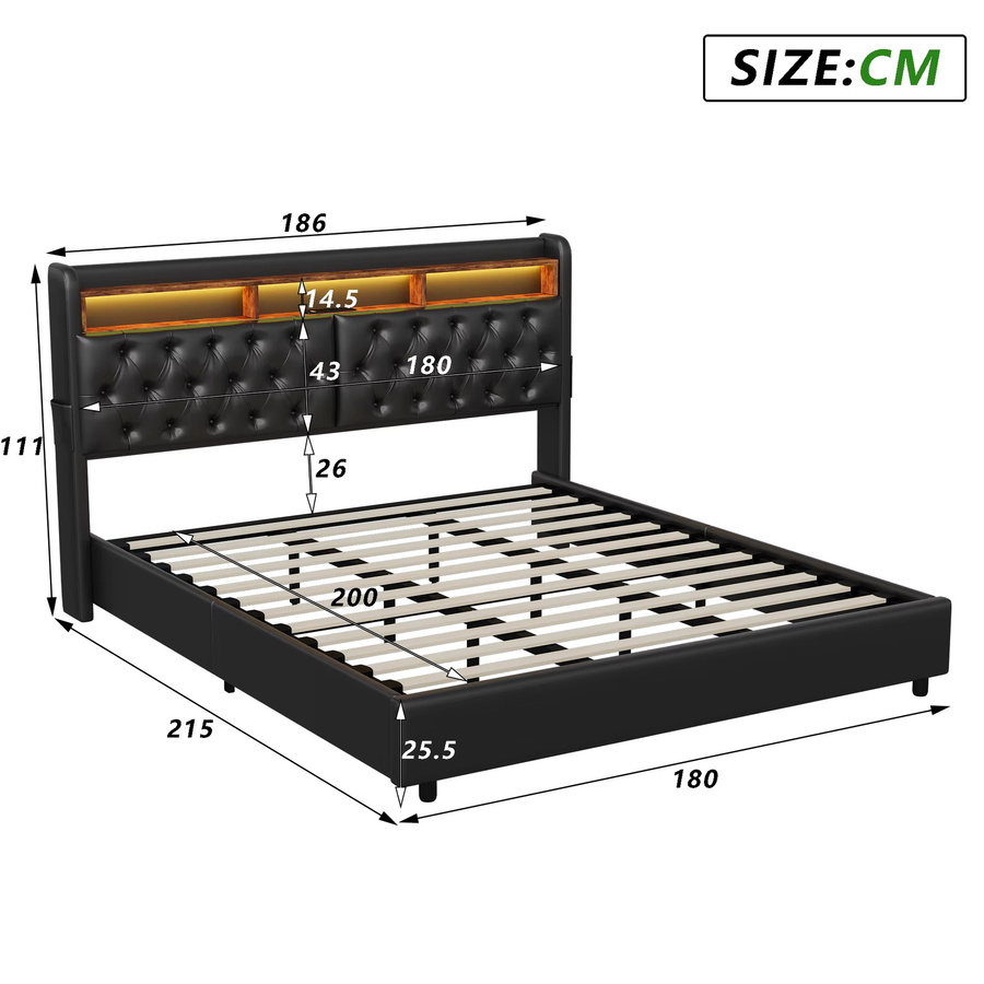 FEEOHOME Polsterbett mit Stauraum in Schwarz, Hydraulisches Doppelbett mit Bettkasten und Lattenrost, B/T: 180 x 200 cm - Bild 2