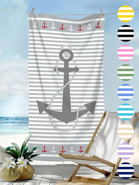 Minimalistisches gestreiftes Strandtuch mit Bootsanker-Aufdruck in Grau, schnell trocknendes und saugfähiges Faser-Strandtuch für Erwachsene - Bild 1
