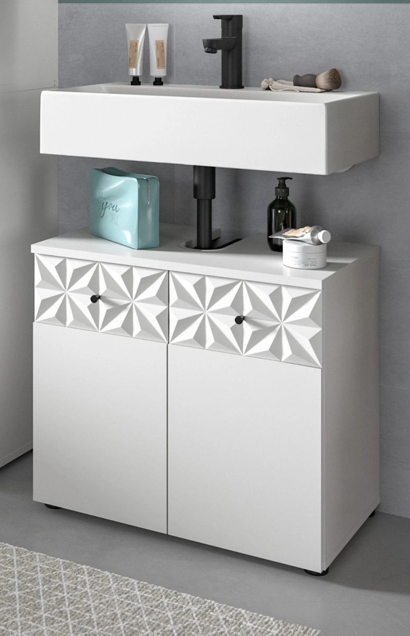 Inn.Furn Waschbeckenunterschrank Relief in Weiß Hochglanz mit Türen und Regalfach, Breite: 60 cm - Bild 1