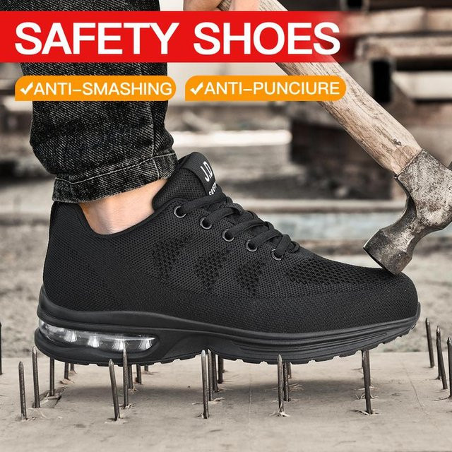 Leichte Sicherheitsschuhe von YiRan Shoe Industry für Damen und Herren mit Air Cushion, Stahlkappe und textilem Obermaterial in Schwarz, Größe 36 - Bild 1