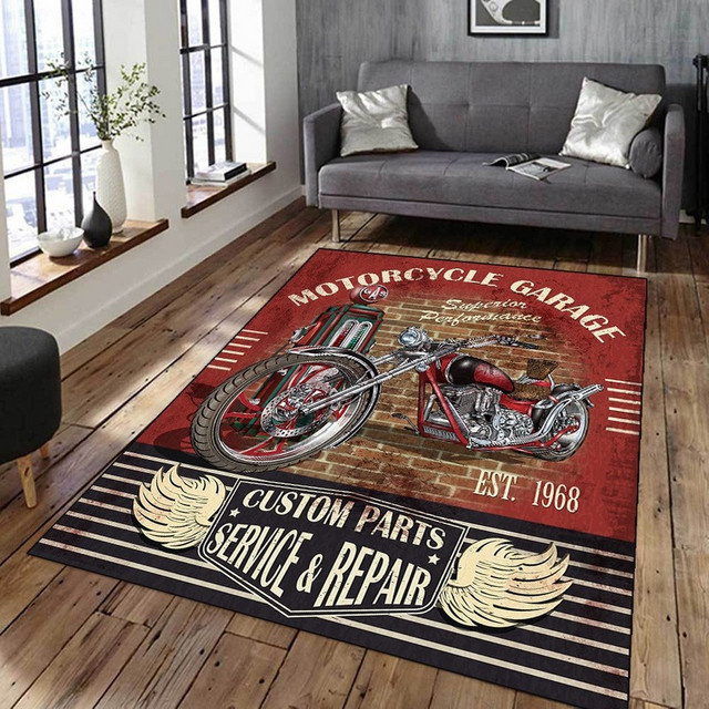 Rutschfester Vintage Teppich mit klassischem Motorrad-Design für Wohnzimmer und Schlafzimmer, Mehrfarbig - Bild 1
