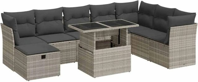 vidaXL 9-teilige Garten-Sofagarnitur in U-Form aus Poly Rattan mit Kissen und Couchtisch in Hellgrau - Bild 1