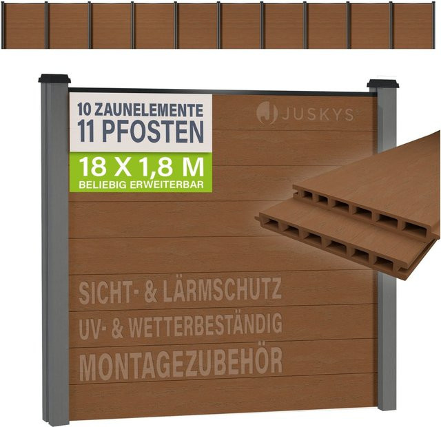 JUSKYS WPC Sichtschutzzaun 10er Set in Grau mit Stahlkonstruktion und Aluminiumelementen - Bild 1
