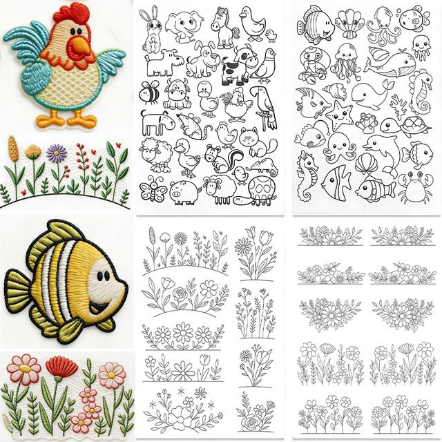 Wasserlösliche Stickerei-Aufkleber mit über 30 niedlichen Tier- und Blumenmustern als selbstklebendes Transferpapier für deine DIY-Dekoration von Kleidung, Taschen und Hüten - Bild 1