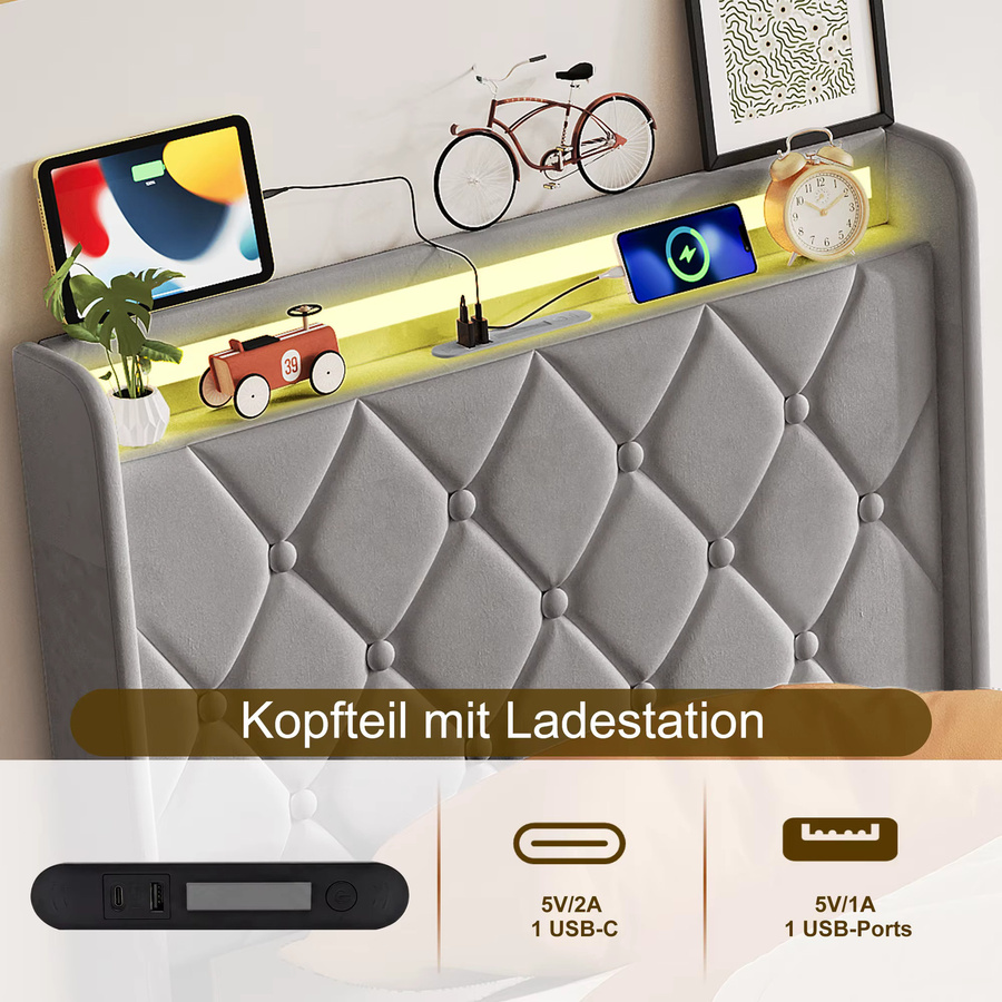 Anajqaqia Polsterbett mit Stauraum und Lattenrost in Dunkelgrau, B/T/H: 90 x 200 cm - Bild 6