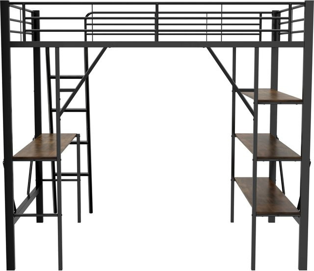 okwish Hochbett aus Metall und MDF in Schwarz mit Schreibtisch und drei Ablagen, B/T/H: 200 x 90 x 180,5 cm - Bild 1