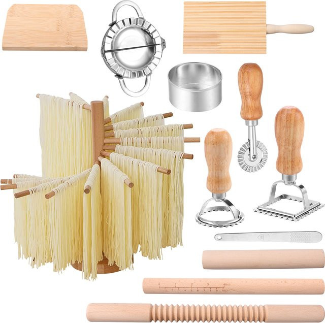 Willstar Multifunktionales Nudelherstellungs-Set in Braun mit Trockengestell, Holz-Teigroller, Gnocchi-Brett, Teigschneider und Teigtaschenformer - Bild 1
